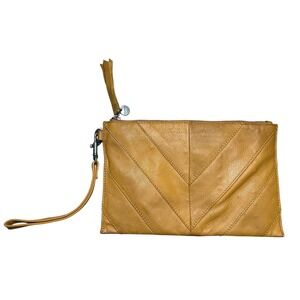 Lucky Brand Leather Chevron Wristlet Clutch Amber Yellow Zip Pouch Card Slots